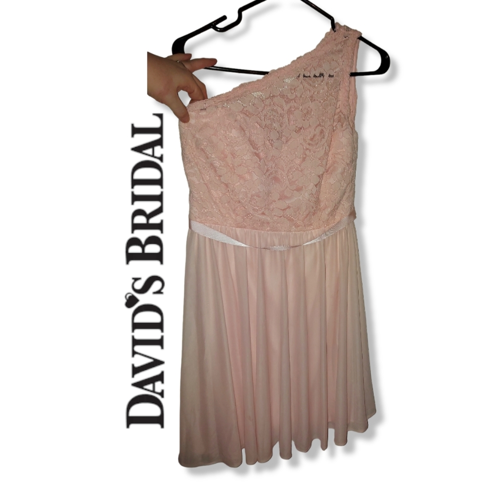 Davids Bridal Pink One Shoulder Lace Dress